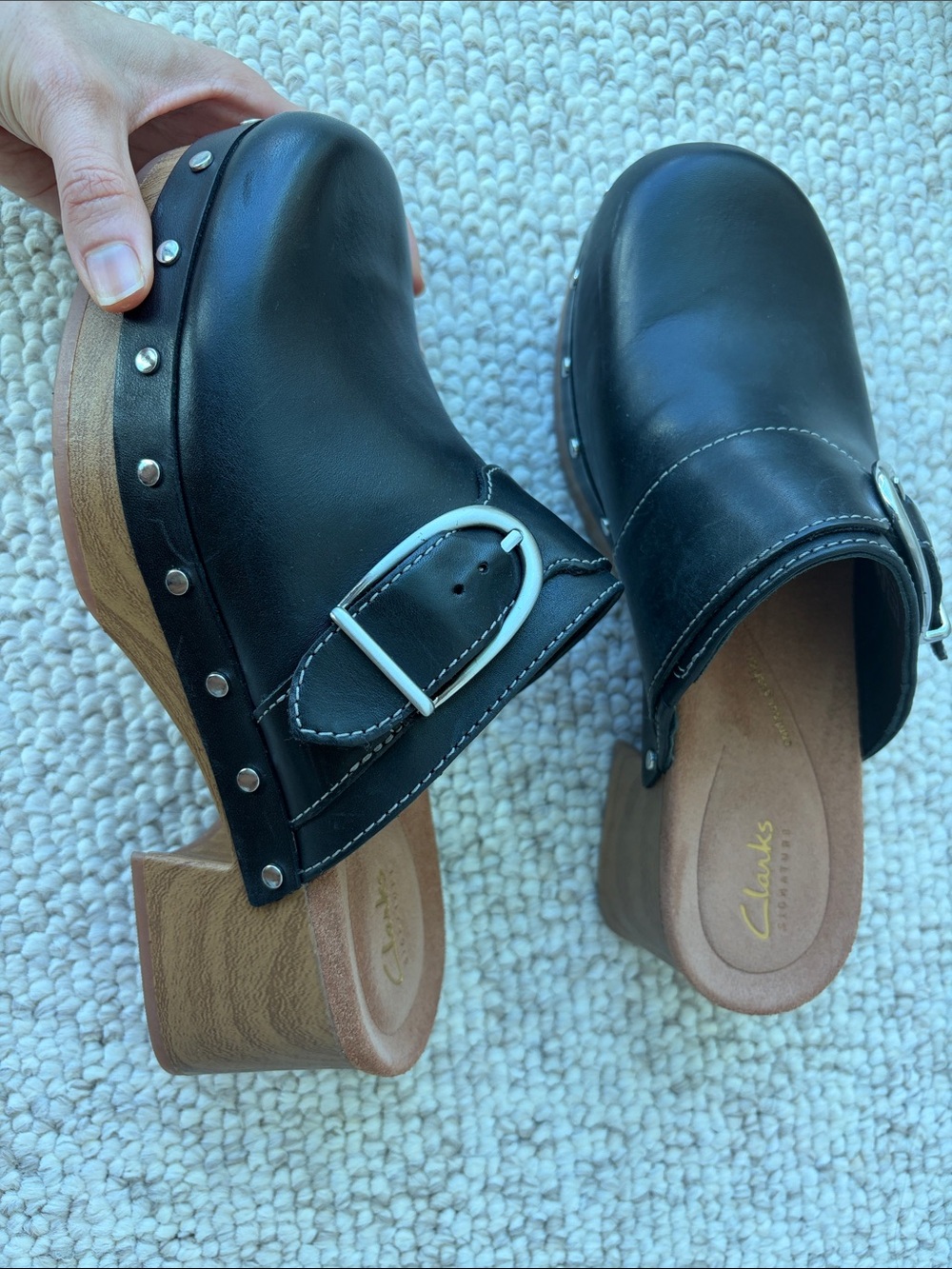Clarks Black Leather Studded Clog Mules with Silver Buckle